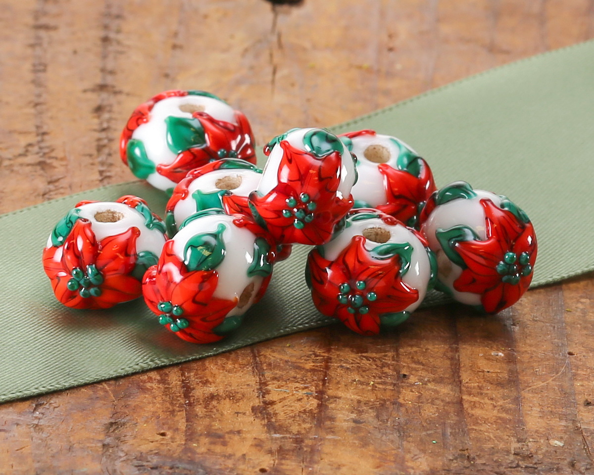 Grace Lampwork Red Poinsettia Christmas Rondelle Bead 9x13mm