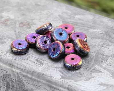 Czech Glass Textured Jet w/ Metallic Rainbow Heishi 4x8mm