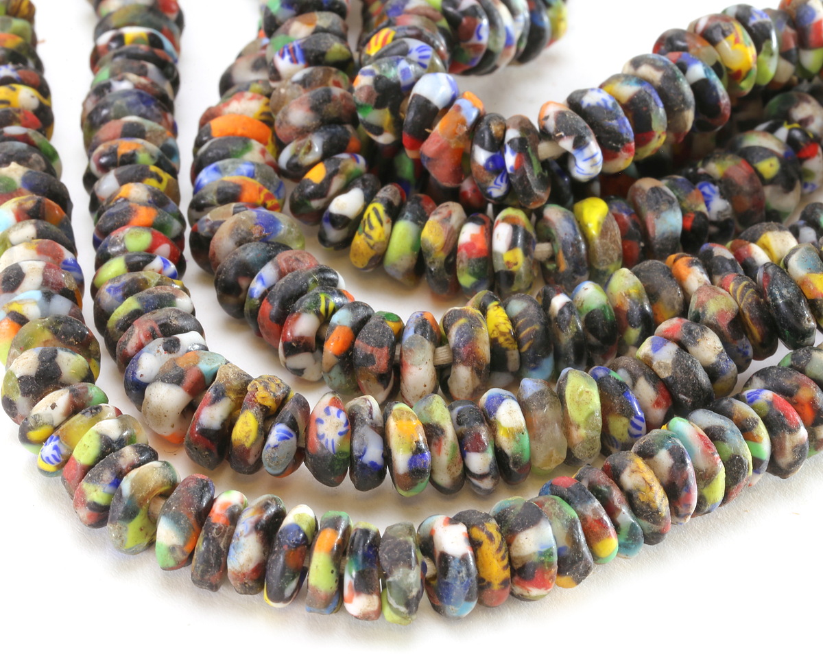 African Recycled Glass & Seed Bead Black w/ Multi Color Mix Mini Donut 5-6x13-15mm