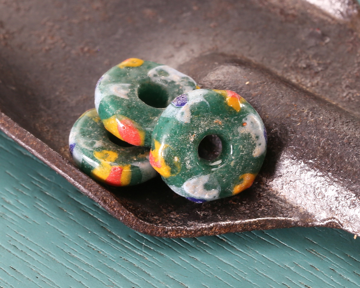 African Glass (Krobo) Green w/ Hand Painted Stripes Disc 11-12mm