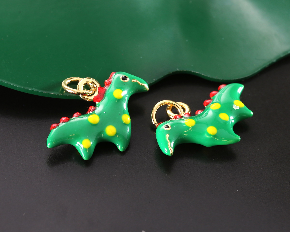 18k Gold (plated) Green Enamel Cute Stegosaurus Dinosaur Focal 18.5x12mm