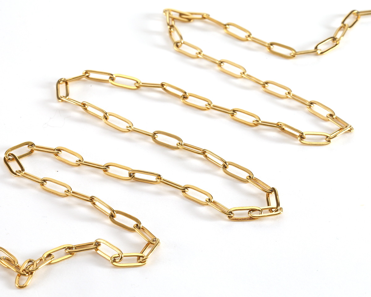 Waterproof 18K Gold PVD Plated Stainless Steel Flat Paperclip Chain, 11x4mm links, 5' Package