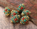 Nepalese Brass Bands w/ Turquoise & Coral Alternating Dots & Turquoise Bands Large Rice Bead 21x17mm