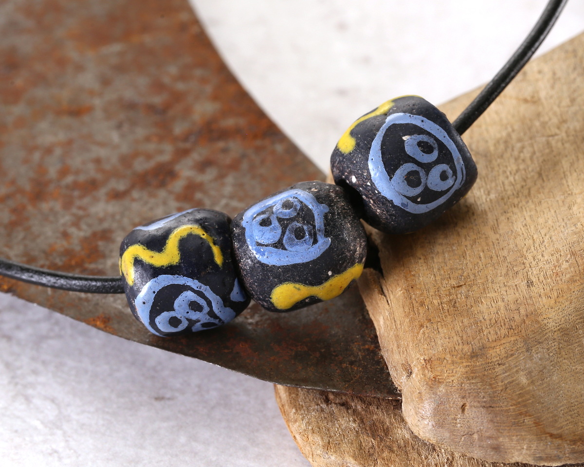 African Glass (Krobo) Black Powder-Cast Hand-Painted Blue & Yellow Round Bead 17mm