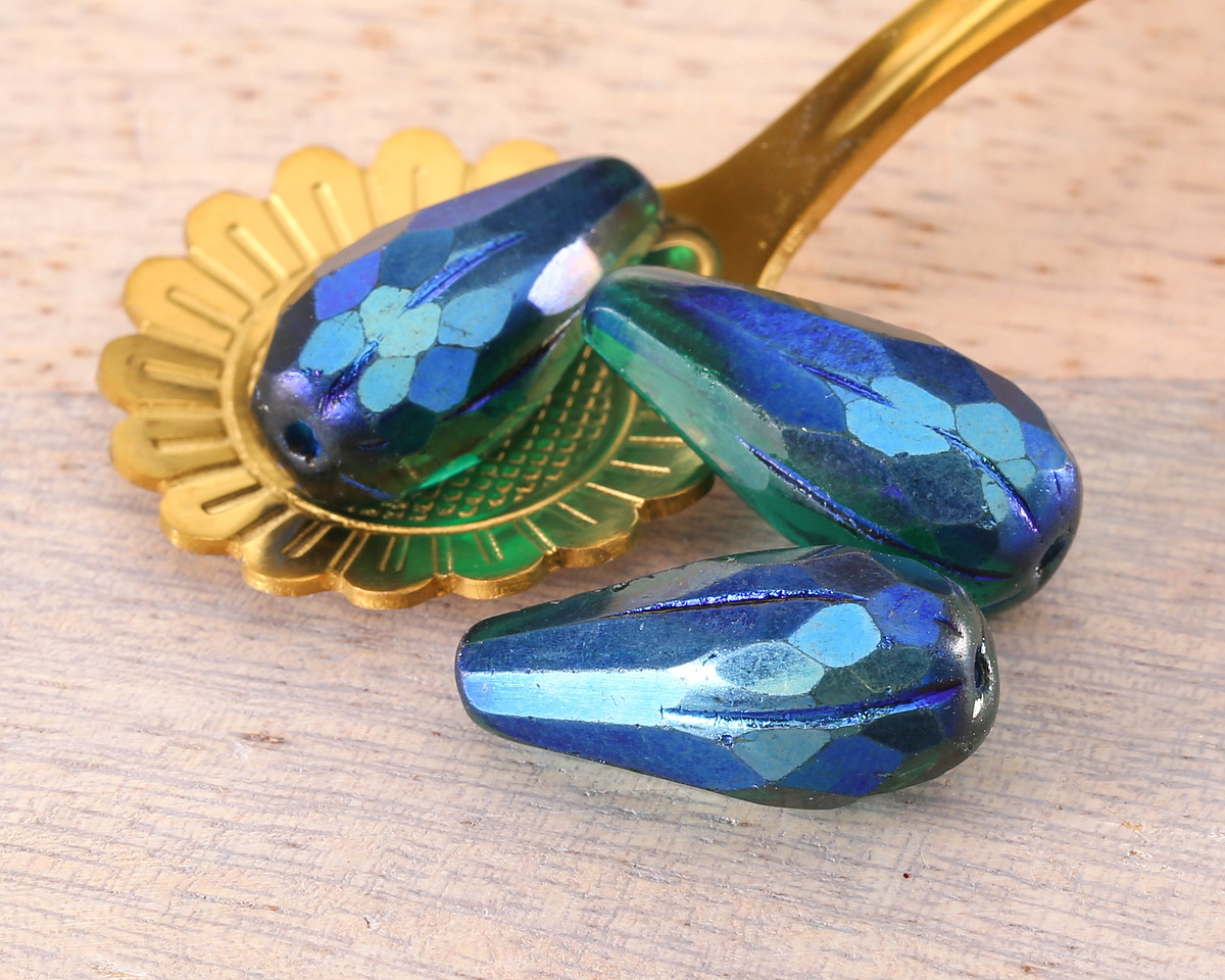 Czech Glass Matte Emerald AB w/ Cobalt Wash Faceted Melon Teardrop 23x11mm
