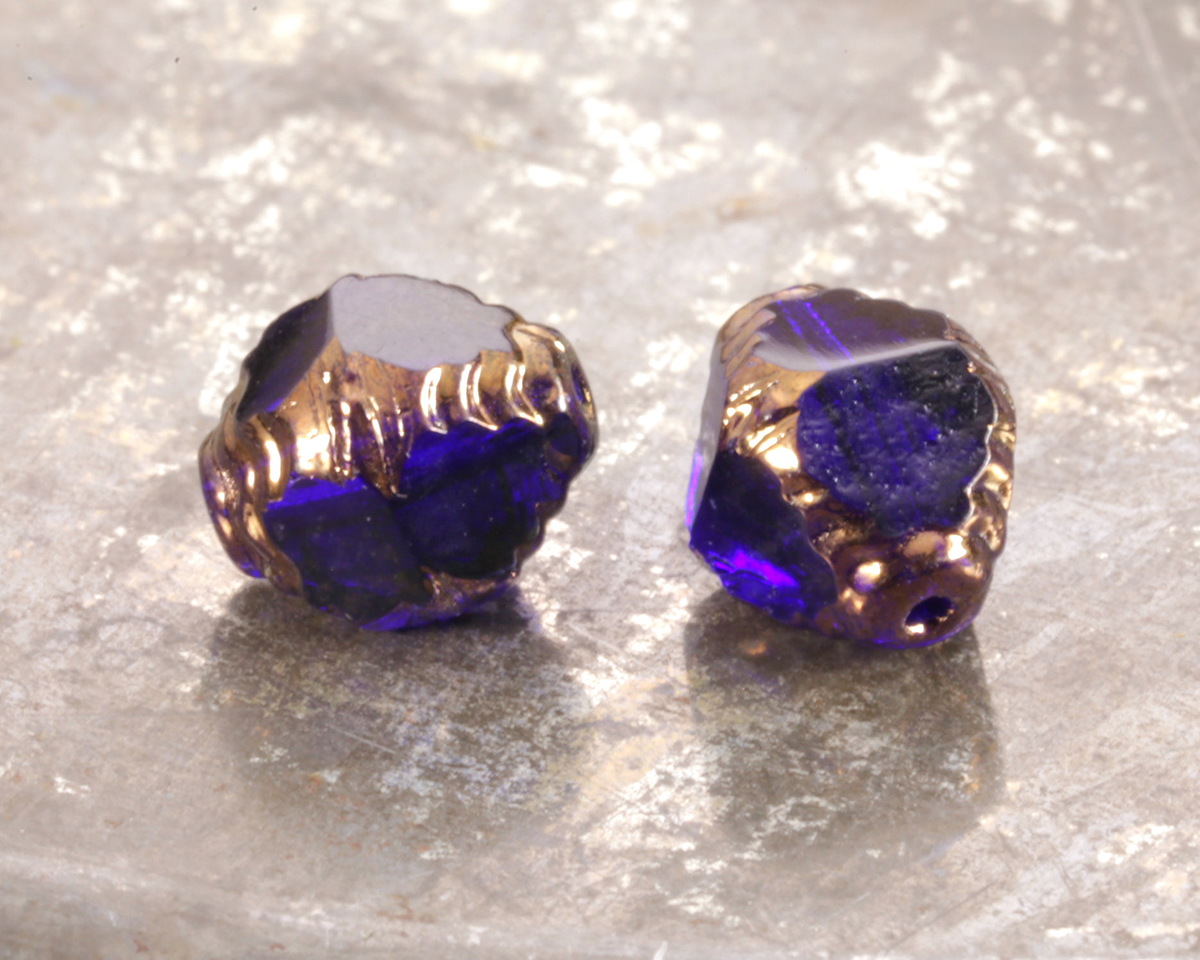 Czech Glass Sapphire w/ Bronze Etched Bicone 10x8mm