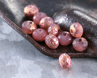 Czech Glass Matte Textured Pink Opal w/ Metallic Rainbow Fire Polished Rondelle 3x5mm