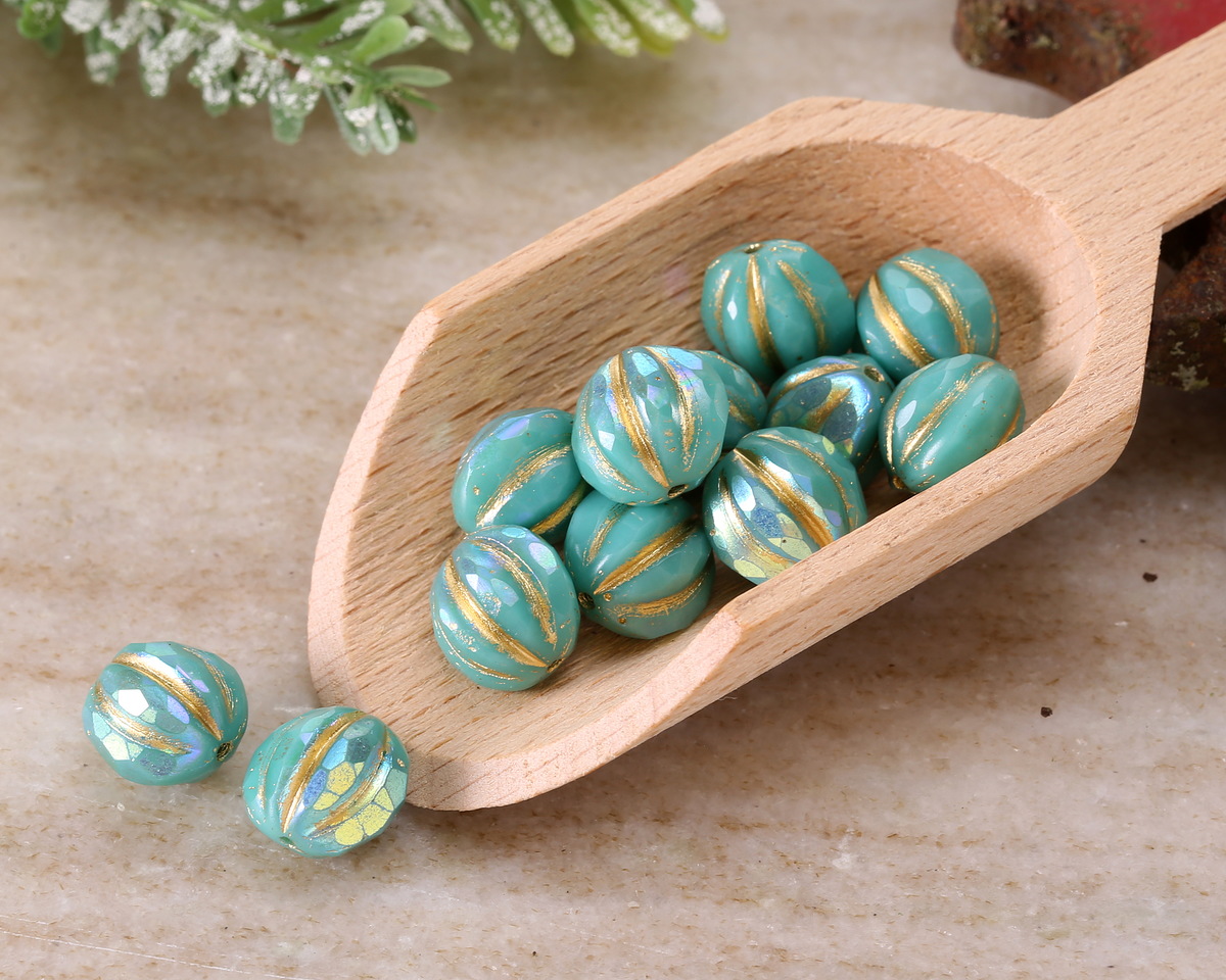 Czech Glass Turquoise AB w/ Gold Faceted Melon Round 10mm