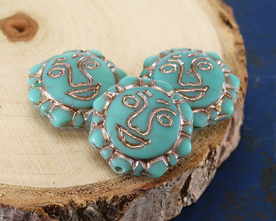 Czech Glass Matte Turquoise w/ Platinum Sun Face 18mm