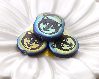 Czech Glass Laser Etched Shiba Inu on Jet AB Coin 17mm