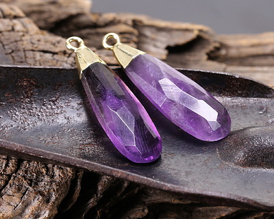 Amethyst Faceted Puff Teardrop Focal w/ Gold Finish 9x28mm