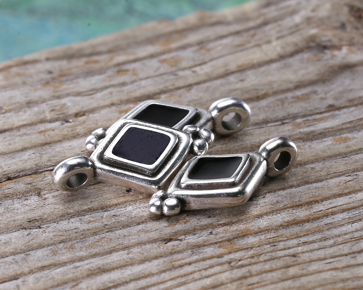 Antique Silver (plated) Jet Enamel Beaded Diamond Focal 10x17mm