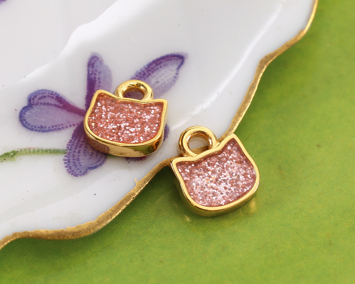 24K Gold (plated) Pink Glitter Enamel Cat Head Focal 8x9mm