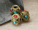 Nepalese Brass Double Ringed Turquoise & Coral Cube 9x10mm
