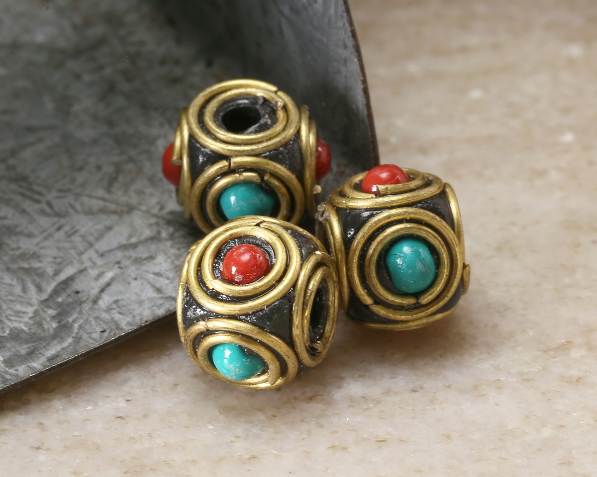 Nepalese Brass Double Ringed Turquoise & Coral Cube 9x10mm