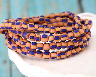 Java Glass Cobalt & Peach w/ Stripes Graduated Gooseberry Beads 3-6x4-6mm