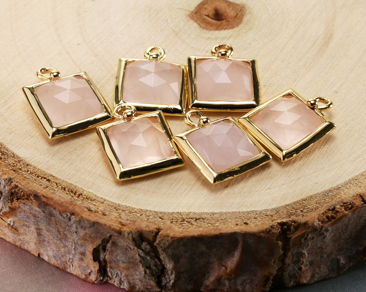 Rose Quartz (A) w/ Gold Finish Faceted Square Focal 10x13mm