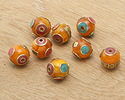 Nepalese Resin Amber & Brass Bead w/ Turquoise & Coral 16x17mm
