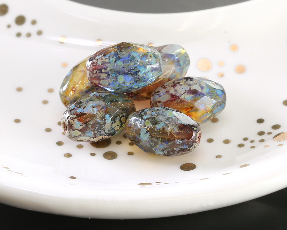 Czech Glass Amber Picasso Faceted Rice 12x8mm