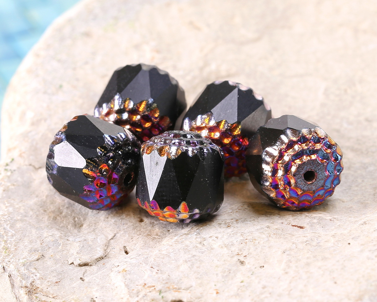 Czech Glass Jet w/ Rainbow Metallic Lantern 10mm