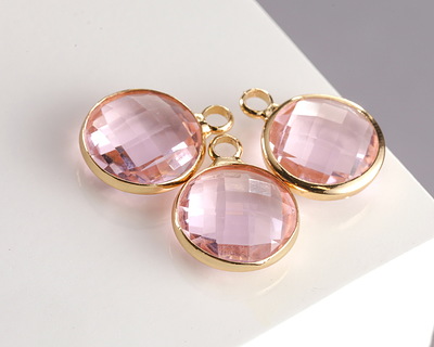 Rose Pink Crystal Round Drop in Gold Finish Bezel 12.8x16.5mm