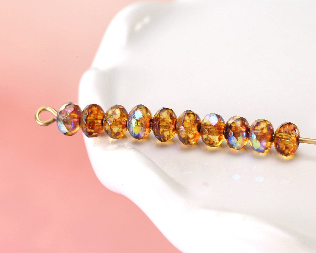 Czech Glass Amber Picasso AB Fire Polished Rondelle 3x5mm