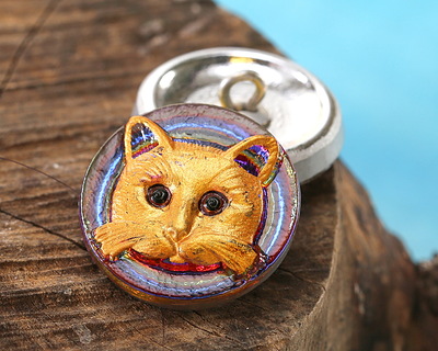 Czech Glass Crystal Rainbow Metalic w/ Hand Painted Orange Cat Face Button 18mm