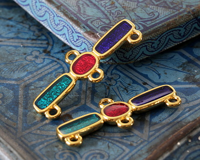 24K Gold (plated) Red, Green & Blue Transparent Enamel Oval & Rectangle 1:3 Focal Link 30x11mm