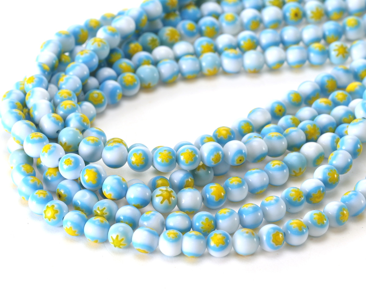 Millefiori Glass White w/ Turquoise & Yellow Flower Round 6mm