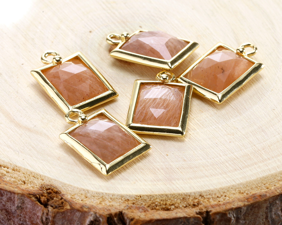 Peach Moonstone w/ Gold Finish Faceted Rectangle Focal 10x15mm