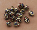 Nepalese Brass Bead w/ Coral & Lapis Mosaic 10-11x8-9mm