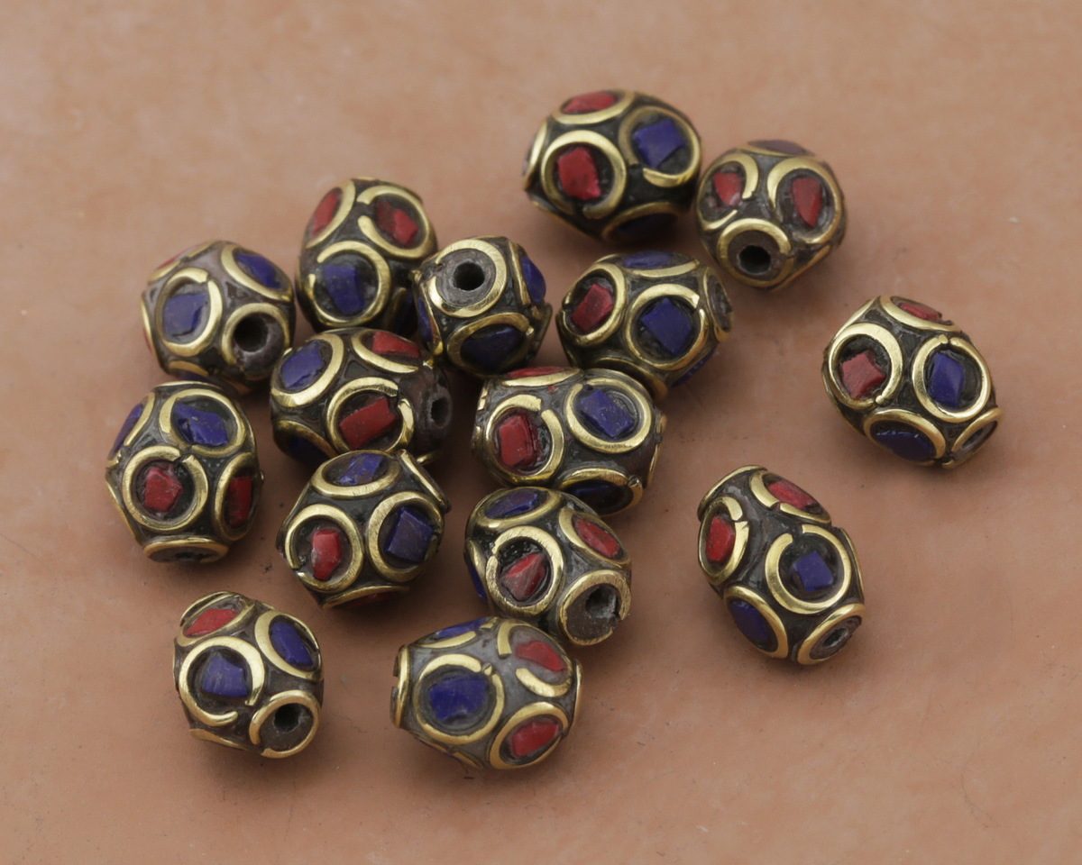 Nepalese Brass Bead w/ Coral & Lapis Mosaic 10-11x8-9mm