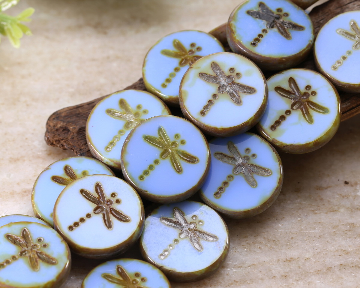 Czech Glass Cornflower Blue Picasso Dragonfly Coin 17mm