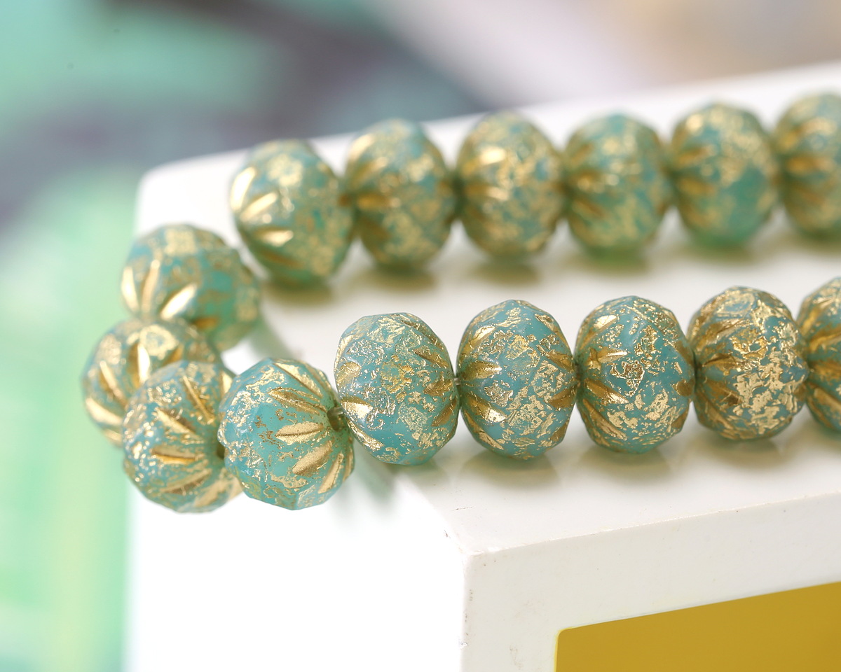 Czech Glass Textured Turquoise w/ Gold Cruller 7x10mm