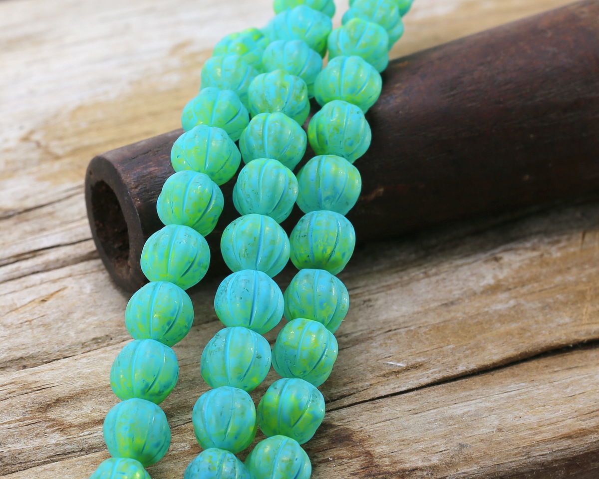 Czech Glass Matte Turquoise & Neon Green Mix Melon Round 8mm