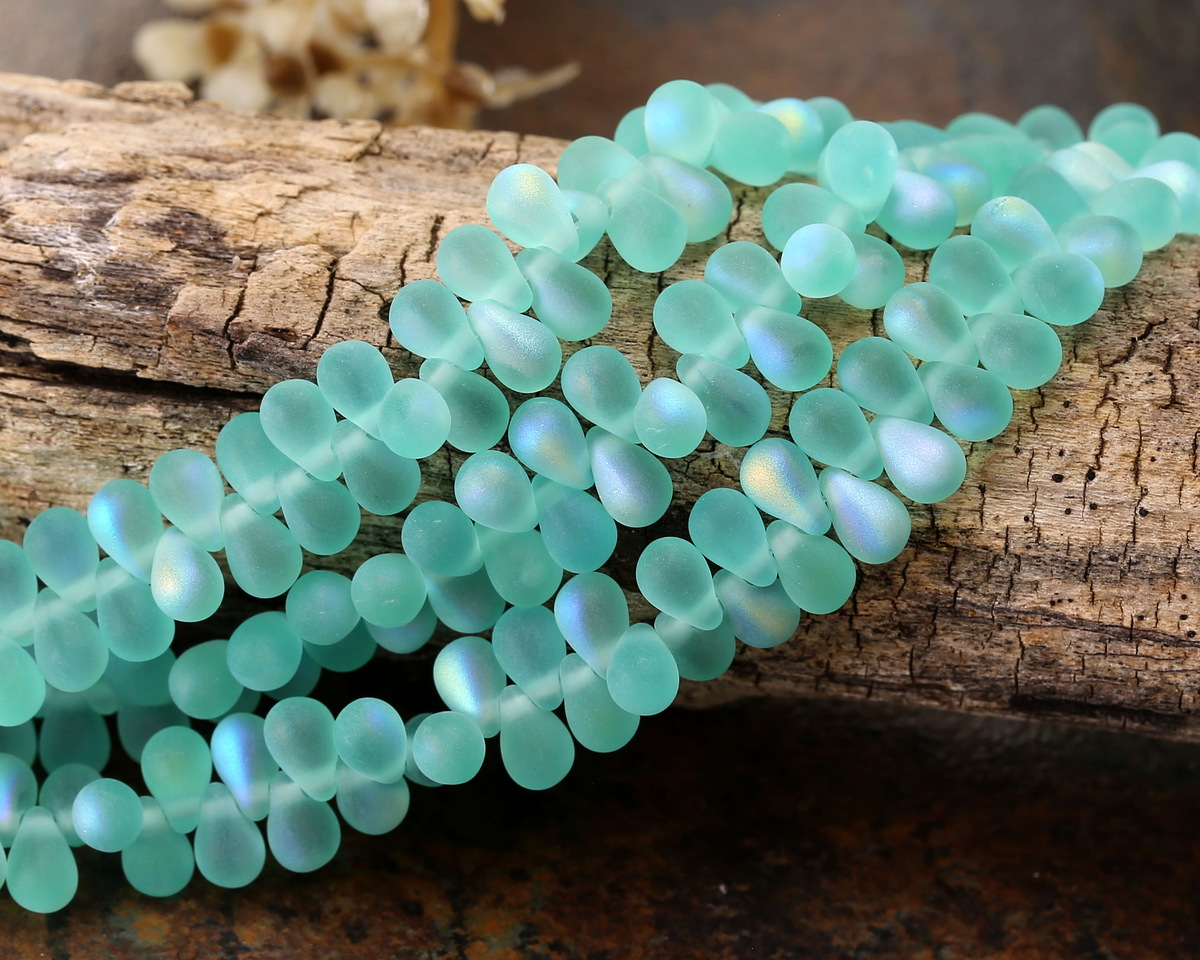 Czech Glass Matte Island Blue AB Teardrop 4x6mm