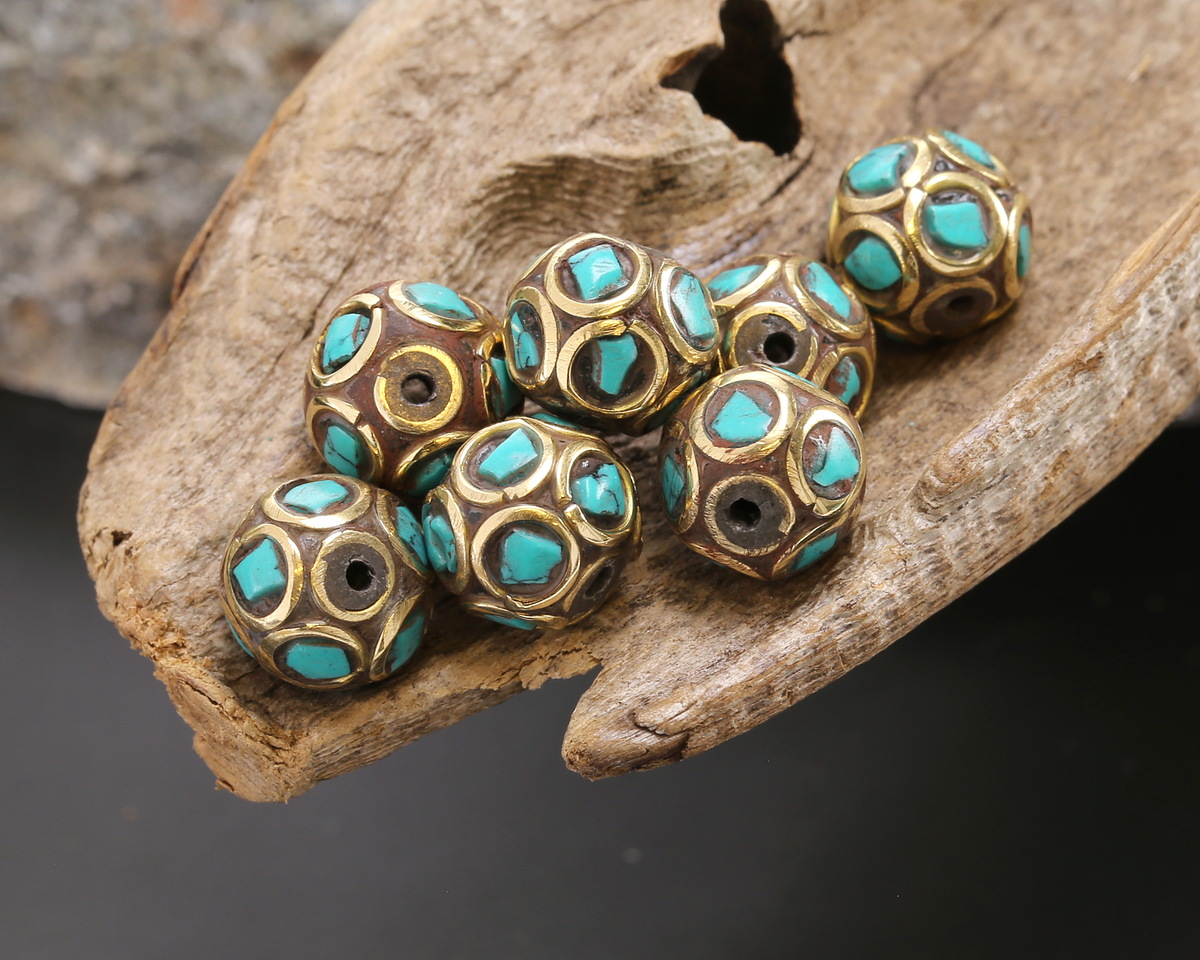 Nepalese Brass rings w/ Turquoise Mosaic Bead 8mm