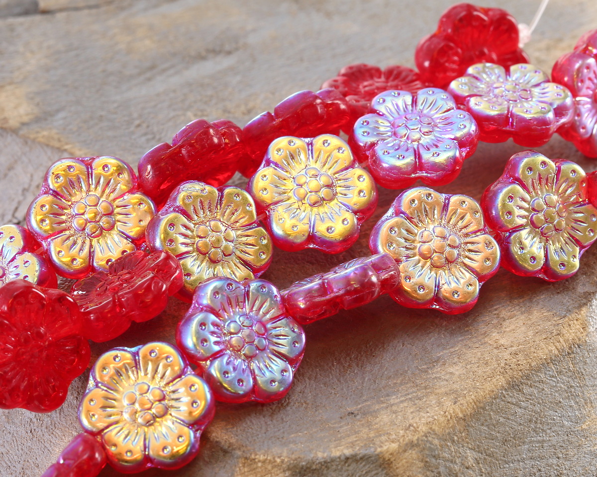 Czech Glass Ruby AB Wild Rose Coin 13mm