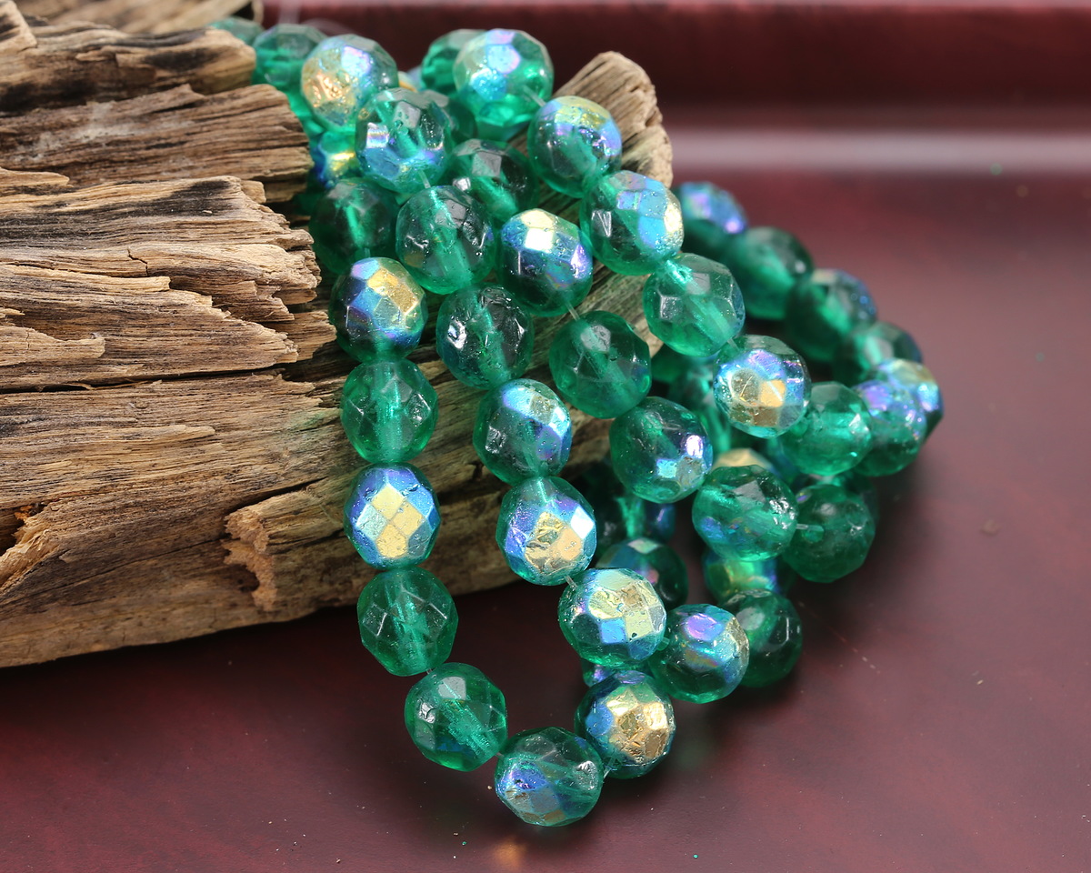 Czech Glass Textured Emerald AB Fire Polished Round 8mm