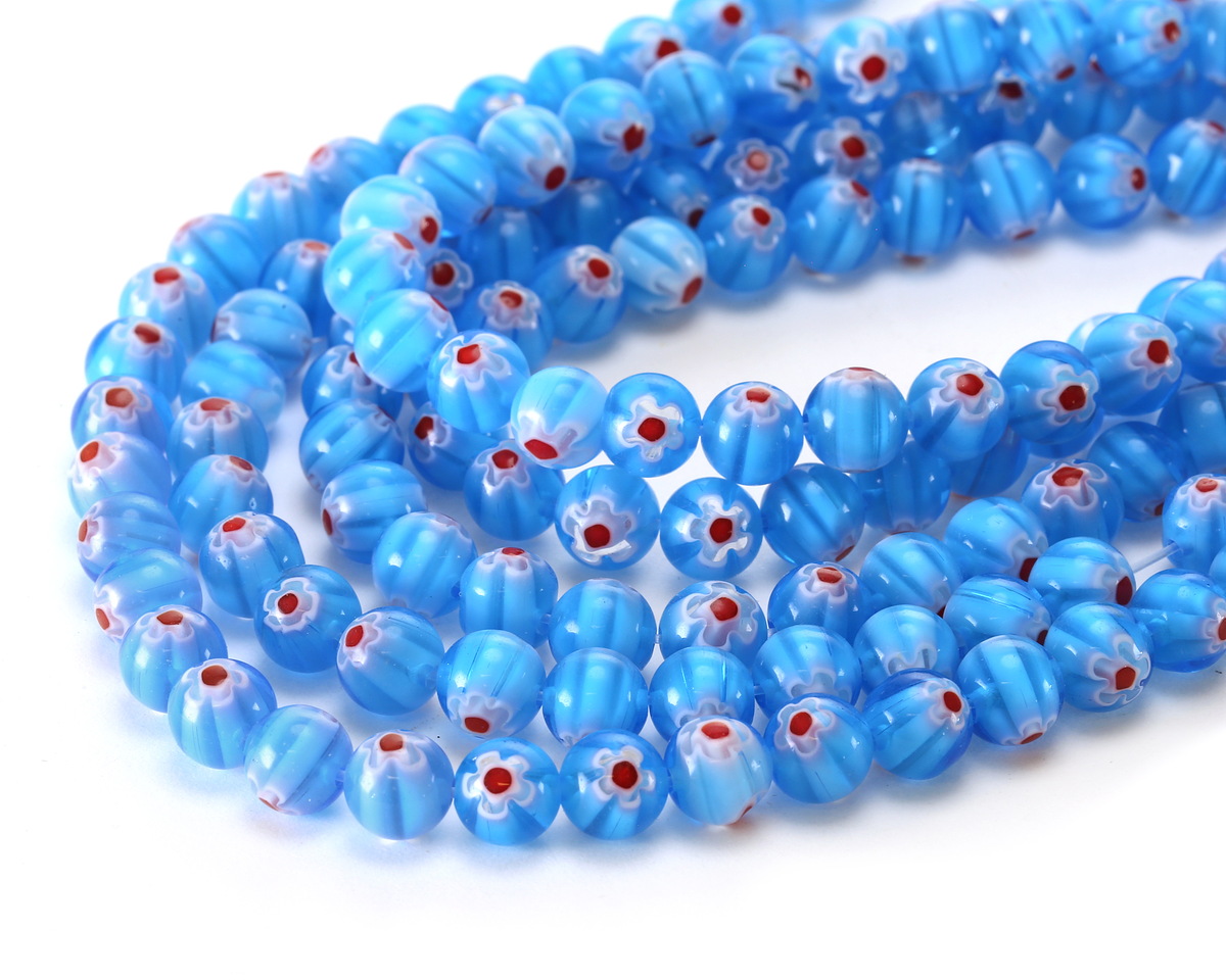 Millefiori Glass Sea Blue w/ White & Red Flower Round 8mm
