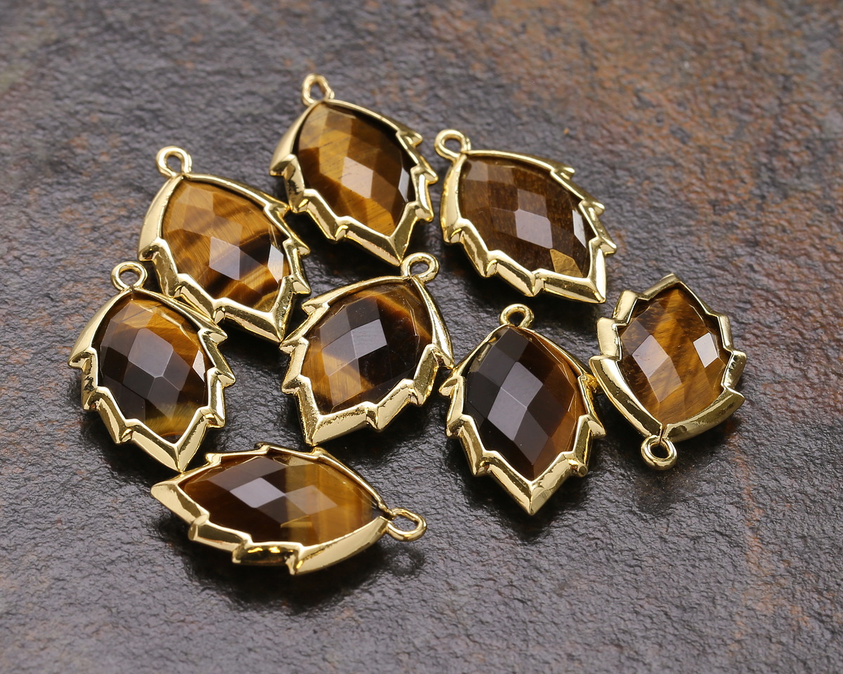 Tiger Eye Faceted Puff Leaf Focal w/ Gold Finish 14x22mm