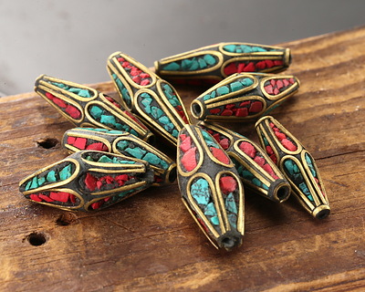 Nepalese Brass Rice Bead w/ Turquoise & Coral Mosaic 22-30x8-10mm