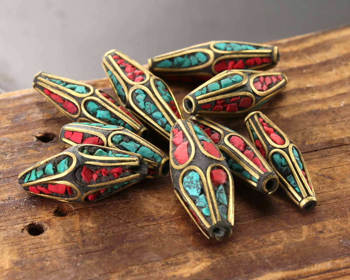 Nepalese Brass Rice Bead w/ Turquoise & Coral Mosaic 22-30x8-10mm