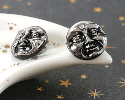 Czech Glass Jet w/ Antique Silver Moon Face Button 17mm