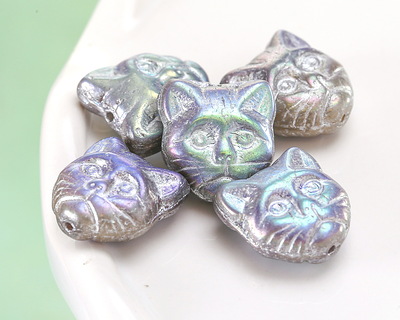 Czech Glass Silver AB Cat Head 12mm