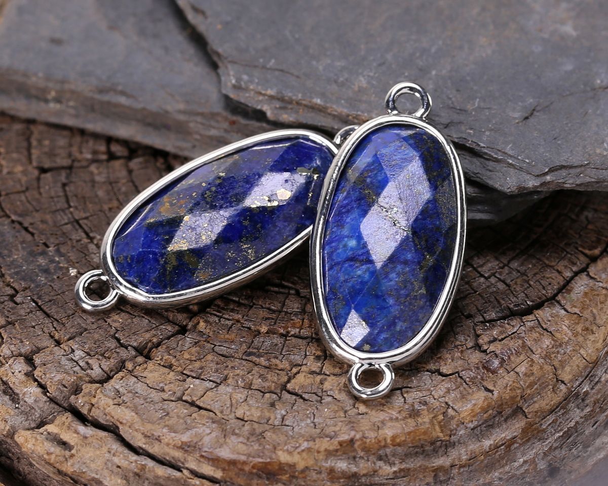 Lapis (Natural) Faceted Puff Oval Link w/ Silver Finish Bezel 12x20mm