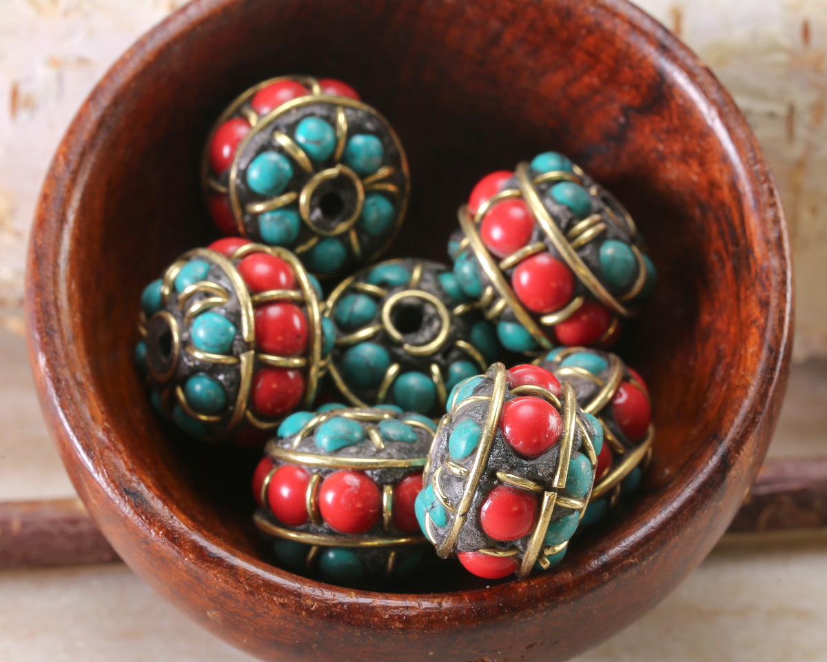 Nepalese Brass w/ Turquoise & Coral Rondelle Bead 13x17mm