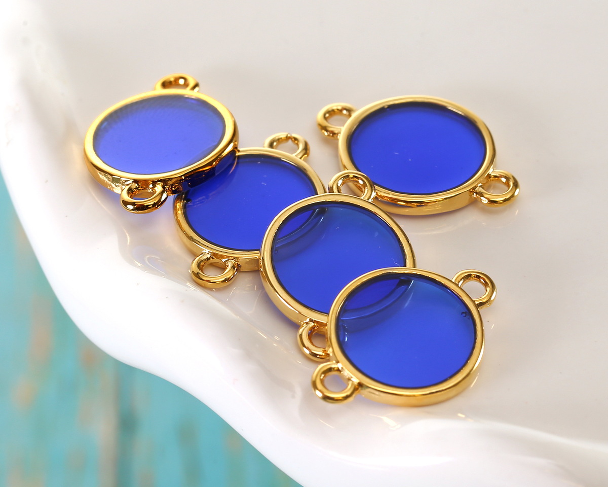 24K Gold (Plated) Transparent Cobalt Blue Resin Round Focal Link 12x17mm