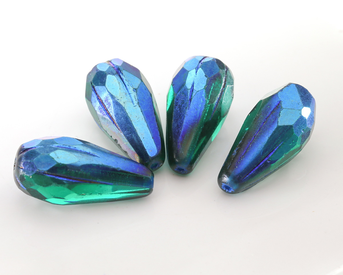 Czech Glass Matte Emerald AB w/ Cobalt Wash Faceted Melon Teardrop 23x11mm