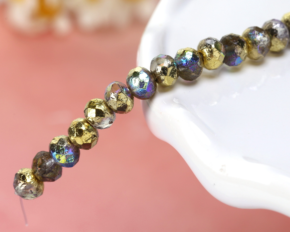 Czech Glass Textured Crystal AB w/ Gold Fire Polished Rondelle 5x7mm